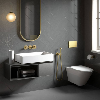 Смеситель для раковины встроенный с термостатом, с гигиеническим душем Timo Saona 2383/17SM золото матовое