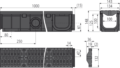 Дренажный канал 100 мм с пластиковой рамой и решеткой из композитного материала B125