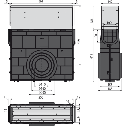 Пескоуловитель для дренажного канала с щелевой симметричной сервисной надставкой 160 мм, оцинкованная сталь 