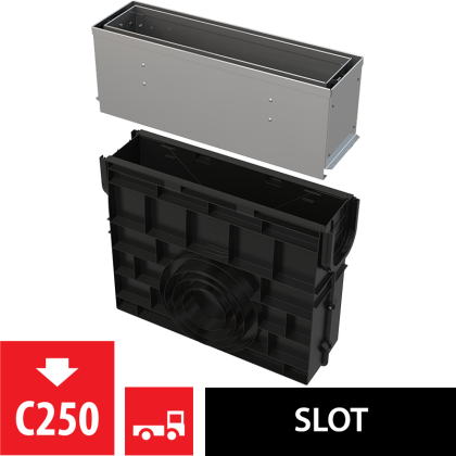 Пескоуловитель для дренажного канала с щелевой асимметричной сервисной надставкой 160 мм, нержавеющая сталь 