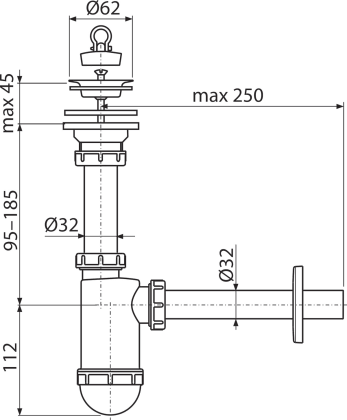 Сифон для умывальника DN32 с нержавеющей peшeткой DN63