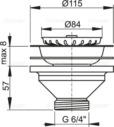 Донный клапан сифона для мойки 6/4" с нержавеющей peшeткой DN115