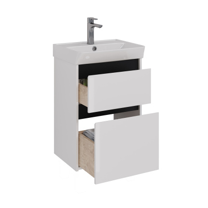 Тумба Lemark COMBI 50см под 1 раковину, подвесная/напольная, 2 ящика, цвет планки: Чёрный, цвет корпуса, фасада: Белый глянец