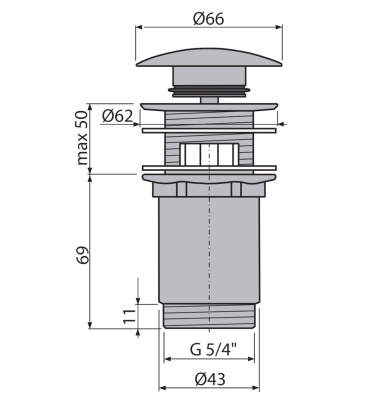 Донный клапан сифона для умывальника CLICK/CLACK 5/4", цельнометаллический с переливом и большой заглушкой, NICKEL-глянец