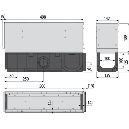 Щелевой дренажный канал с асимметричной сервисной надставкой 160 мм, оцинкованная сталь