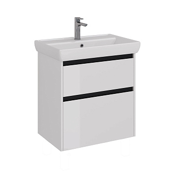 Тумба Lemark COMBI 70см под 1 раковину, подвесная/напольная, 2 ящика, цвет планки: Чёрный, цвет корпуса, фасада: Белый глянец