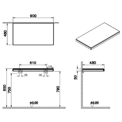 Столешница 90 см, правосторонняя, темный вяз