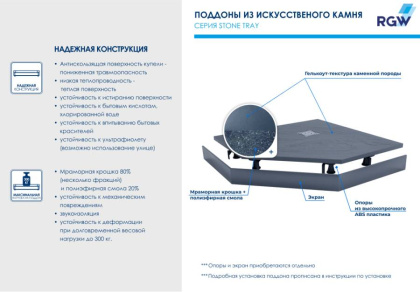 Душевой поддон  80*80*2,3 RGW ST/T*-0088G Графит/Трапеция Ø 90 мм Каменный