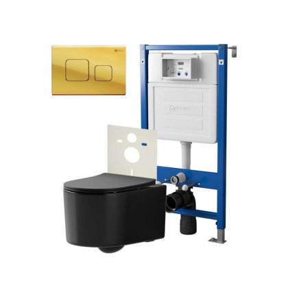 Сет: Система инсталляции Point Элемент для подвесного унитаза PN45120 + Клавиша смыва для инсталляции Point Афина, золото, PN44041G + Унитаз подвесной Point Веста безободковый, чёрн мат, PN41701BM