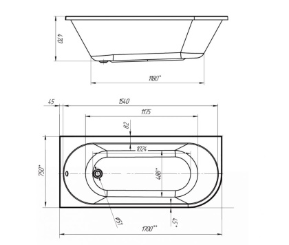 Акриловая ванна 1Marka Alisa 170х75 L 01али1775л