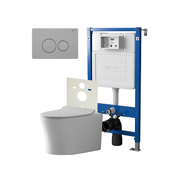 Сет: Система инсталляции Point Элемент для подвесного унитаза PN45120 + Клавиша смыва для инсталляции Point Виктория, нержавеющая сталь, сталь брашированная, PN44061SB + Унитаз подвесной Point Вега безободковый, сиденье микролифт PN41711