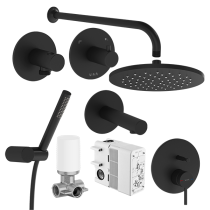 Набор встроенной душевой системы Origin на 3 направления, матовый черный (верхняя лейка, излив, ручной душ, смеситель встроенный внешняя и внутренняя часть) Набор встроенной душевой системы Origin на 3 направления, матовый черный (верхняя лейка, излив, ручной душ, смеситель встроенный внешняя и внутренняя часть)