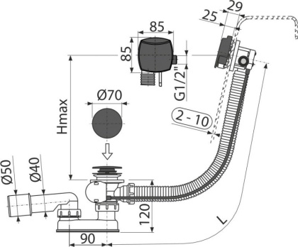 Сифон для ванны автомат с напуском воды через перелив, черный-мат