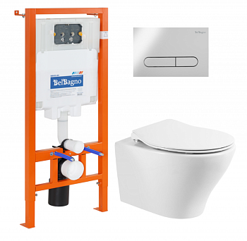 Комплект 4 в 1 Унитаз подвесной BelBagno ACQUA BB340CHR + Система инсталляции для унитазов BelBagno BB002-80 4 в 1 с кнопкой смыва BB005-PR-CHROME