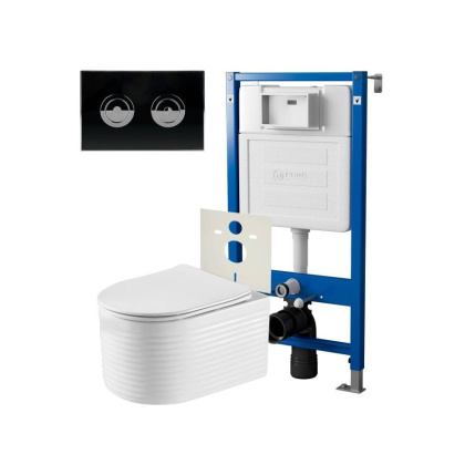Сет: Система инсталляции пневматическая Point Элемент П для подвесного унитаза PN45121 + Клавиша смыва для пневматической инсталляции Point Венера, установка в стену, черный/хром, PN44072BC + Унитаз подвесной Point Омега безободковый, белый, сиденье дюроп