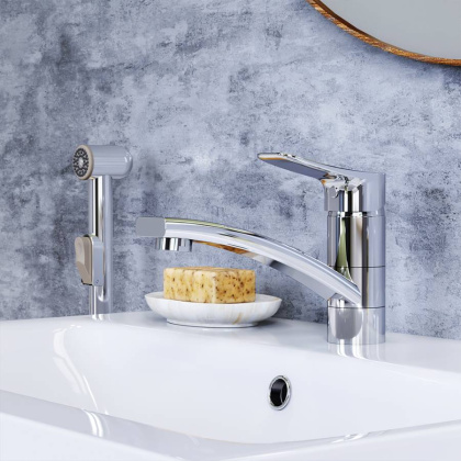 770230001 Jupiter, Смеситель с поворотным изливом и гиг. душем, Хром