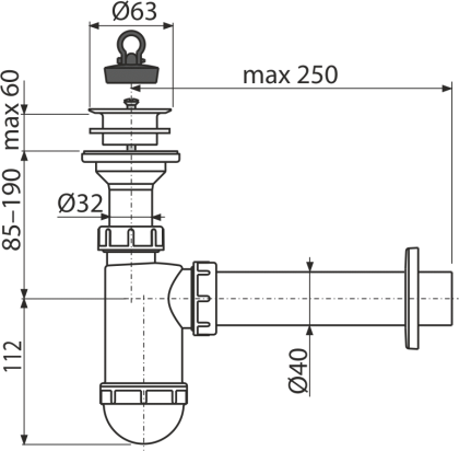 Сифон для умывальника DN40 с пластмассовой peшeткой DN63