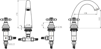 Смеситель для умывальника на 3 отв. ROYAL CRYSTAL black, бронза_Комплект