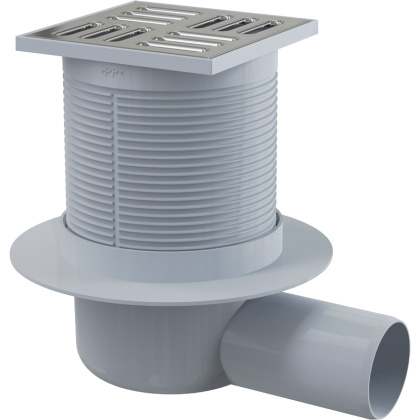 Сливной трап 105×105/50 мм боковой сток, решетка из нержавеющей стали, гидрозатвор мокрый