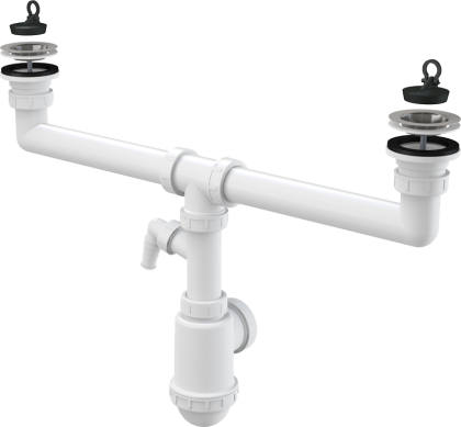 Сифон для сдвоенной мойки с нержавеющими решетками DN70 и штуцером