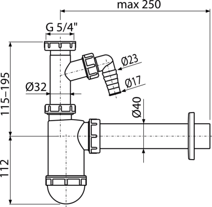Сифон для умывальника DN40 со штуцером и накидной гайкой 5/4"