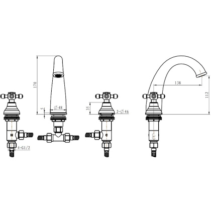 Смеситель для раковины на 3 отв.  ROYAL CRYSTAL Black, хром_Комплект