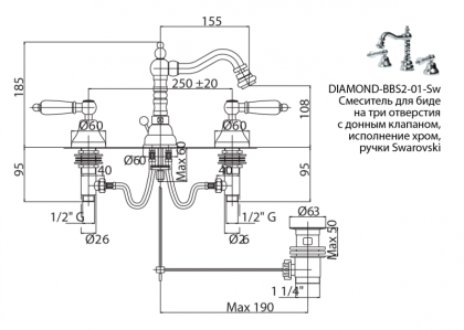 DIAMOND-BBS2-02-Sw Смеситель для биде на три отверстия с донным клапаном, бронза, ручки Swarovski