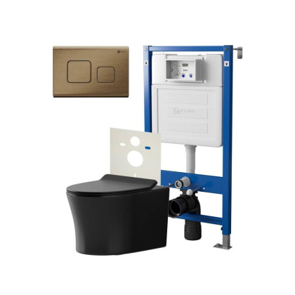 Сет: Система инсталляции Point Элемент для подвесного унитаза PN45120 + Клавиша смыва для инсталляции Point Афина, бронза брашированная, PN44041BB + Унитаз подвесной Point Вега безободковый, чёрн мат, PN41711BM