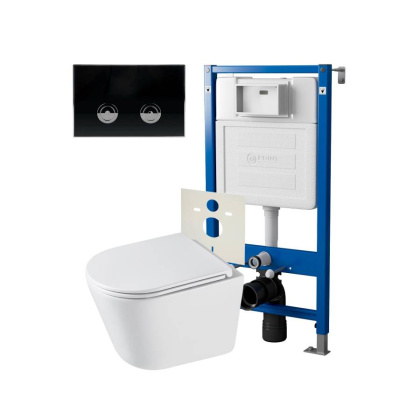 Сет: Система инсталляции пневматическая Point Элемент П для подвесного унитаза PN45121 + Клавиша смыва для пневматической инсталляции Point Венера, черный/хром, PN44071BC + Унитаз подвесной Point Венера безободковый, белый, сиденье дюропласт микролифт быс