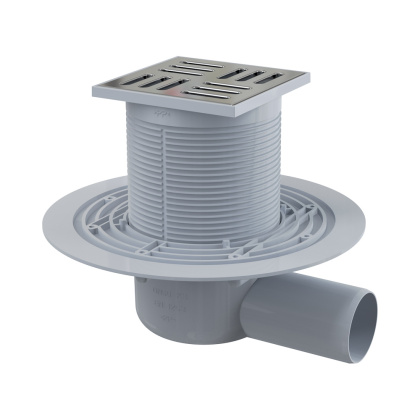 Сливной трап 105×105/50 мм боковой сток, решетка из нержавеющей стали, гидрозатвор мокрый