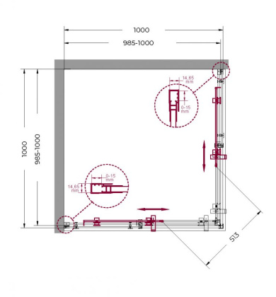 MARINO-A-2-90-C-CR Душевой уголок, Условный размер, мм:900x900x1950 Габариты с диапазоном регулировок, мм:(885-900)х(885-900)x1950 