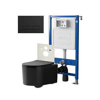Сет: Система инсталляции Point Элемент для подвесного унитаза PN45120 + Клавиша смыва для инсталляции Point Меркурий, черная матовая, PN44831BM + Унитаз подвесной Point Веста безободковый, чёрн мат, PN41701BM