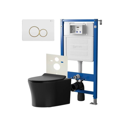 Сет: Система инсталляции Point Элемент для подвесного унитаза PN45120 + Клавиша смыва для инсталляции Point Виктория, белая/золото, PN44061WG + Унитаз подвесной Point Вега безободковый, чёрн мат, PN41711BM