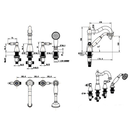 Смеситель врезной на 4отв. Camelia золото_Комплект