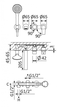 NAUTIC-VDM3-SR Встраиваемый смеситель для ванны и душа однорычажный с поворотным переключателем на 3 выхода, в комплекте с ручным душем, исполнение Sunrise