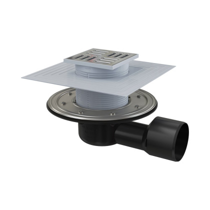 Сливной трап 105×105/50/75 мм боковой сток, решетка из нержавеющей стали, фланец из нержавеющей стали, воротник изоляции 2–го уровня, гидрозатвор сухой и мокрый