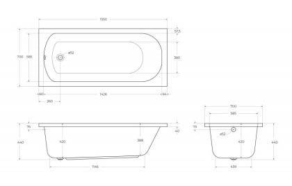 Акриловая ванна CEZARES ECO-155-70-41-W37, 155x70x44