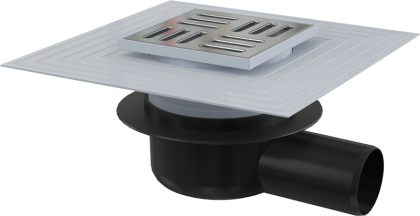 Сливной трап 105×105/50 мм боковой сток, решетка из нержавеющей стали, воротник изоляции 2–го уровня, гидрозатвор сухой 