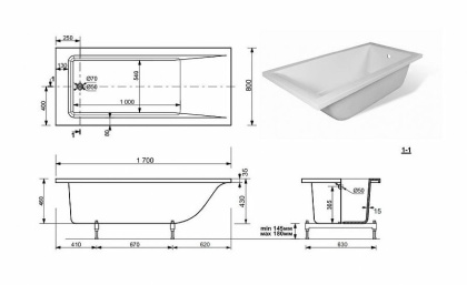 Ванна из искусственного мрамора Эстет Дельта 170x80                                                    