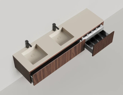 Подвесная тумба Domino 2000, шпон, для двух встраиваемых раковин, с фрезеровкой Подвесная тумба Domino 2000, шпон, для двух встраиваемых раковин, с фрезеровкой