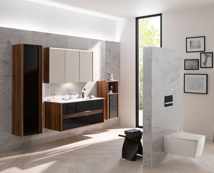 Пенал Metropole правосторонний, цвет сливовое дерево, фасад черное акриловое стекло