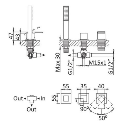PORTA-BVDM3-SR Смеситель на борт ванны с выдвижным душем и переключателем, исполнение sunrise