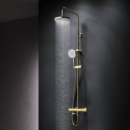 F0785A599 X-Joy, душ.система:  см-ль д/ванны/душа с ТМС, душ.штанга,верх.душ 220мм, руч.душ, золото