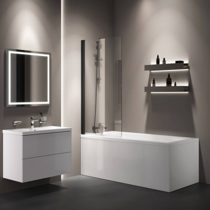 W90BS-D080-140BT Gem Шторка на борт ванны 80х140, поворотная, профиль черный мат, стекло прозрачное