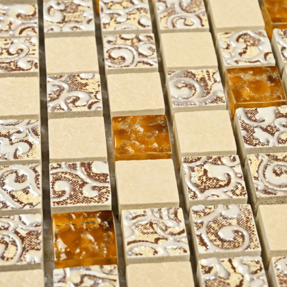 Мозаика стеклянная с камнем Dreams Beige (чип 8*15*15) 300*300(11шт.-0.99м2), м2 Мозаика стеклянная с камнем Dreams Beige (чип 8*15*15) 300*300(11шт.-0.99м2), м2