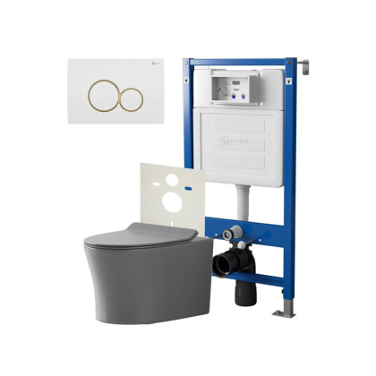 Сет: Система инсталляции Point Элемент для подвесного унитаза PN45120 + Клавиша смыва для инсталляции Point Виктория, белая/золото, PN44061WG + Унитаз подвесной Point Вега безободковый, сер мат, PN41711GM