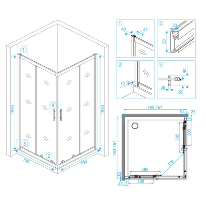 Душевой уголок RGW HO-31, 03063188-11, 80 х 80 x 195 см, дверь раздвижная, стекло прозрачное, хром
