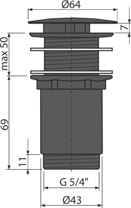 Донный клапан сифона для умывальника 5/4", цельнометаллический, с большой заглушкой, для умывальников без перелива, черный-мат