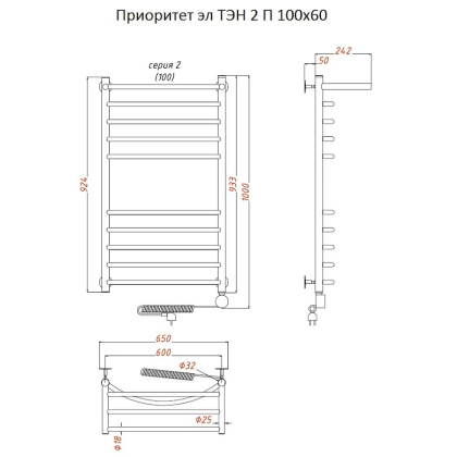 Полотенцесушитель Приоритет эл ТЭН 2 П 100*60 (ЛЦ2)