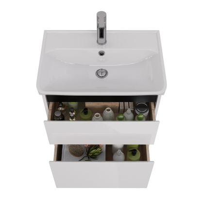 Тумба Lemark COMBI 60см под 1 раковину, подвесная/напольная, 2 ящика, цвет планки: Чёрный, цвет корпуса, фасада: Белый глянец